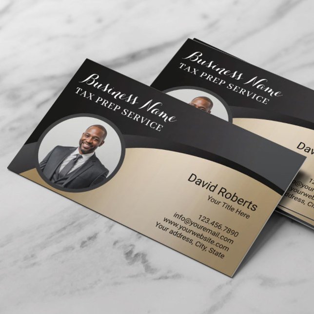Tax Preparer Financial Advisor Black & Gold Photo Business Card (Creator Uploaded)