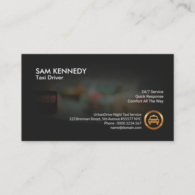 Taxi Cab Dashboard View Night Time Cab Service Business Card (Front)