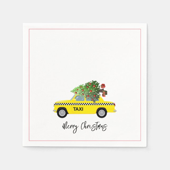 Taxi Cab Merry Christmas Tree Holiday City Festive Napkin (Front)