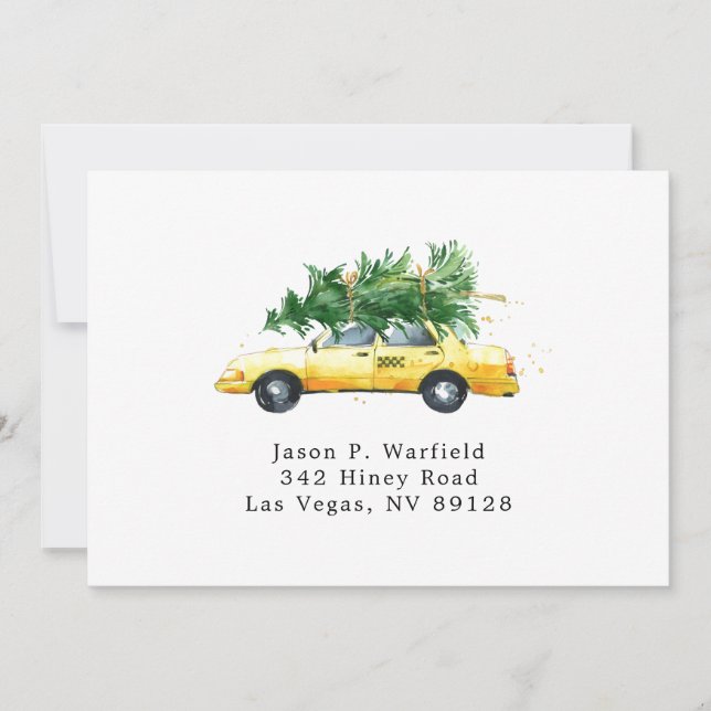 Taxi with Christmas Tree Printable Return Address Invitation (Front)