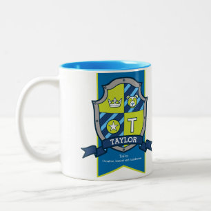 Taylor letter T crest blue green bear name meaning Two-Tone Coffee Mug