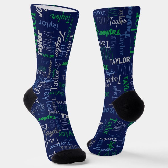 Taylor personalised name green blue grey socks (Angled)