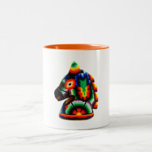 Taza De Café Huichol Beaded Horse Mexican Art on a Two-Tone Coffee Mug