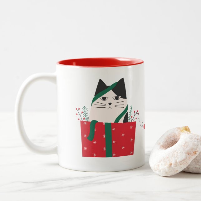 Taza Gato Merry Christmas Two-Tone Coffee Mug (With Donut)