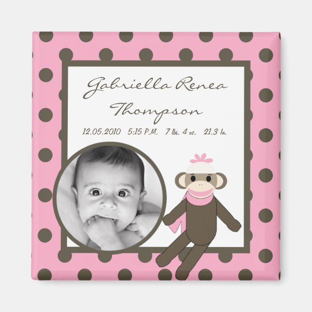 {TBA} 2"x2" Pink Sock Monkey Announcement Magnet (Front)