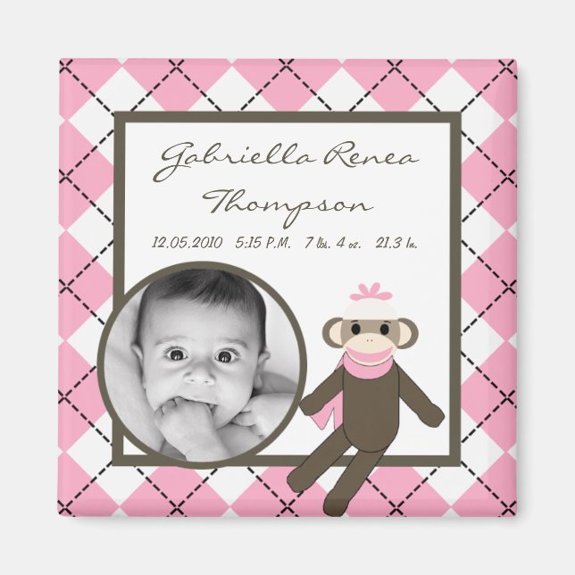 {TBA} 2"x2" Pink Sock Monkey Announcement Magnet (Front)