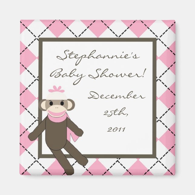 {TBA} 2"x2" Pink Sock Monkey Party Favour Magnet (Front)
