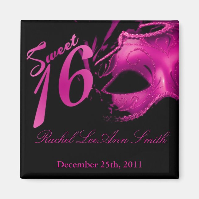 {TBA} 2"x2" Sweet 16 Hot Pink Party Favour Magnet (Front)