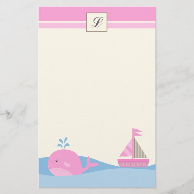 {TBA} 5.5" x 8.5" Stationary Pink Sail Boat Whale Stationery (Front)