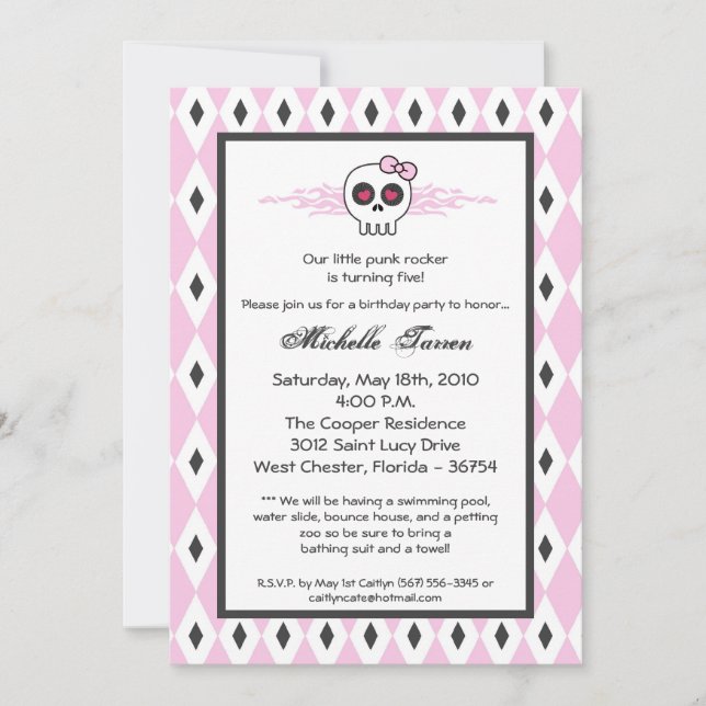 {TBA}5x7 Girl Punk Skull Birthday Party Invitation (Front)