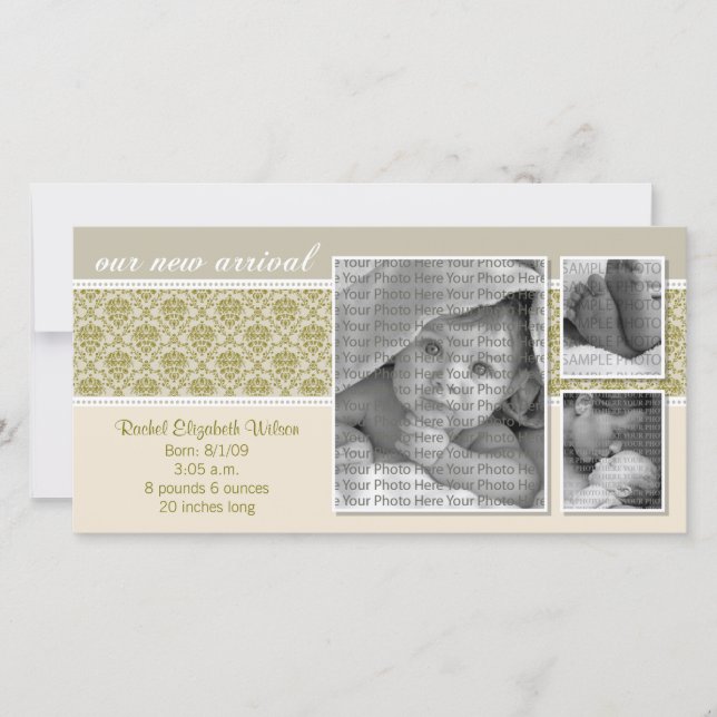 {TBA} 8x4 Taupe Baroque 3-Photo Birth Announcement (Front)