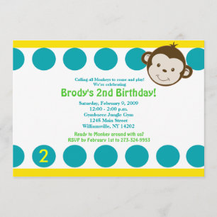 {TBA} Cute Mod Monkey Blue/Yellow Birthday 5x7 Invitation
