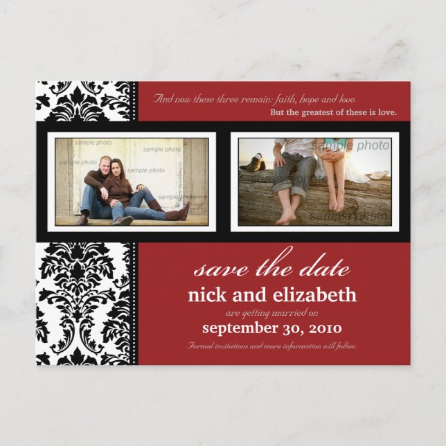 {TBA} Damask 2-Photo Red-Black-White Save the Date Announcement Postcard (Front)