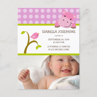 {TBA} Hippo & Birdie Baby Girl Birth Announcement Postcard