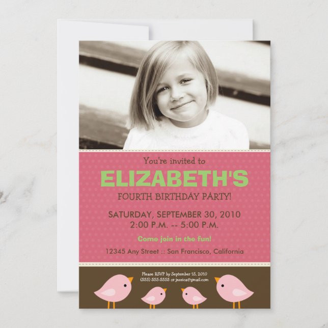 {TBA} Little Birdie Girl's Pink Birthday Invitation (Front)