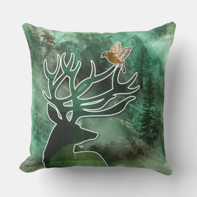 TCWC - "Woodland Harmony" Green Deer and Birds Outdoor Cushion (Front)