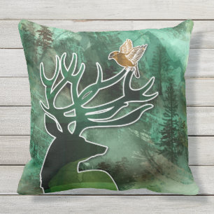 TCWC - "Woodland Harmony" Green Deer and Birds Outdoor Cushion