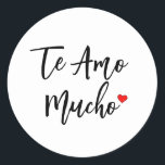 Te Amo Mucho Classic Round Sticker<br><div class="desc">Elevate your aesthetic with the Te Amo Mucho Classic Round Sticker. Crafted with meticulous typography,  this sticker adds a touch of sophistication to any item or event. Perfect for all occasions,  it effortlessly spreads love and positivity with its heartfelt message.</div>