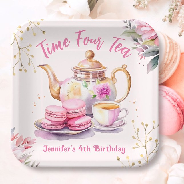 Tea 4th Birthday Pink Girl Tea  Party Paper Plate (Creator Uploaded)