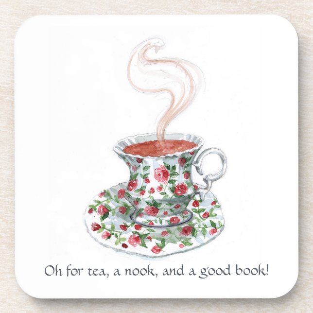 Tea, a nook, and a book! Tea slogan, vintage cup Coaster (Front)