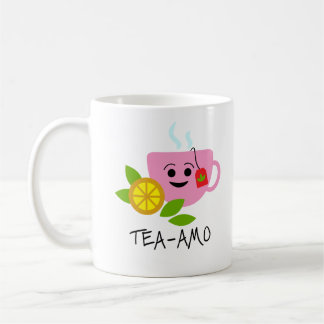 TEA-AMO | Funny Quote with Black Text and Pink Tea Coffee Mug