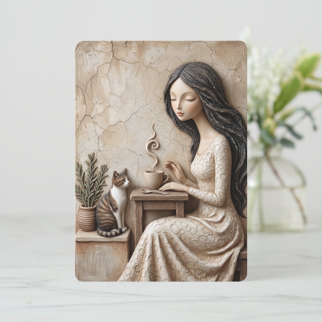Tea and Cat Greeting Card Quiet Studio (Standing Front)