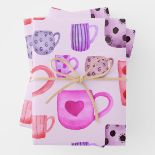 Tea and Coffee Mugs Colourful Pink and Purple Wrapping Paper Sheet