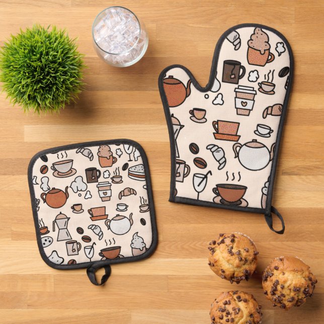 Tea and Coffee Shop Objects Pattern Oven Mitt & Pot Holder Set (Top Down)