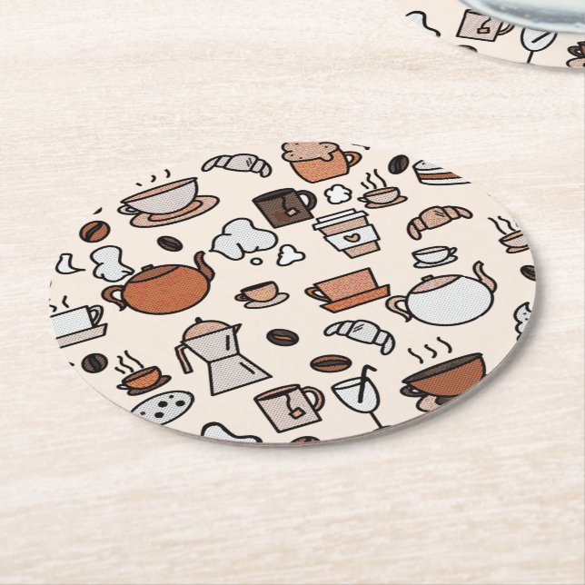Tea and Coffee Shop Objects Pattern Round Paper Coaster (Angled)