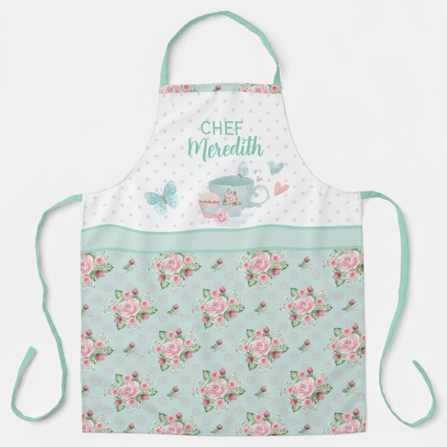 Tea and Cupcake Time Personalised Green & Pink  Ap Apron (Front)