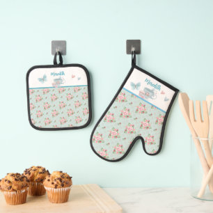 Tea and Cupcake Time Personalised Oven Mitt & Po Pot Holder Set