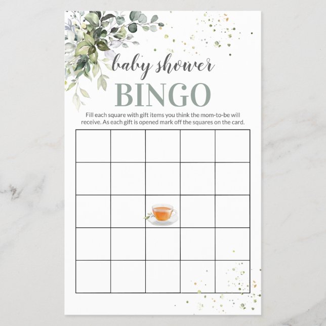 Tea and Greenery Baby Shower Game Bingo Card Flyer (Front)