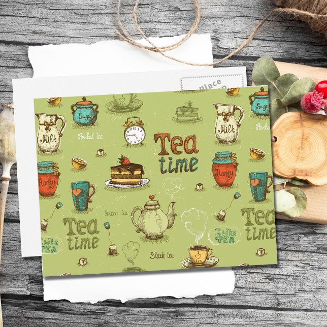 Tea and Honey Tea Time in Green Postcard (Creator Uploaded)