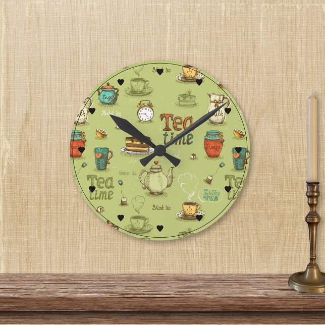 Tea and Honey Tea Time in Green Round Clock (Creator Uploaded)