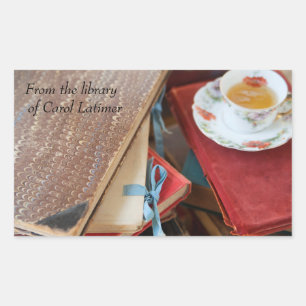 Tea and vintage books bookplate rectangular sticker