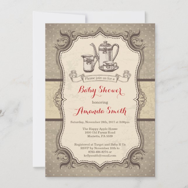 Tea Baby Shower Invitation Vintage Retro (Front)