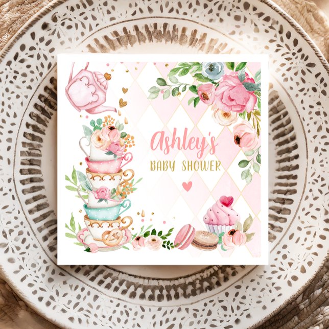 Tea Baby Shower Pink Flower Girl Baby is Brewing Napkin (Creator Uploaded)