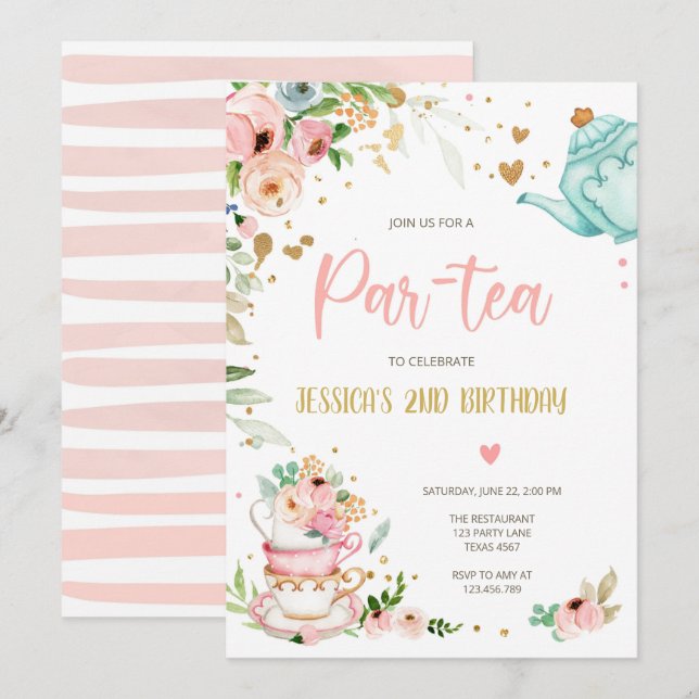 Tea Birthday Invitation Girl Party Par-tea Floral (Front/Back)