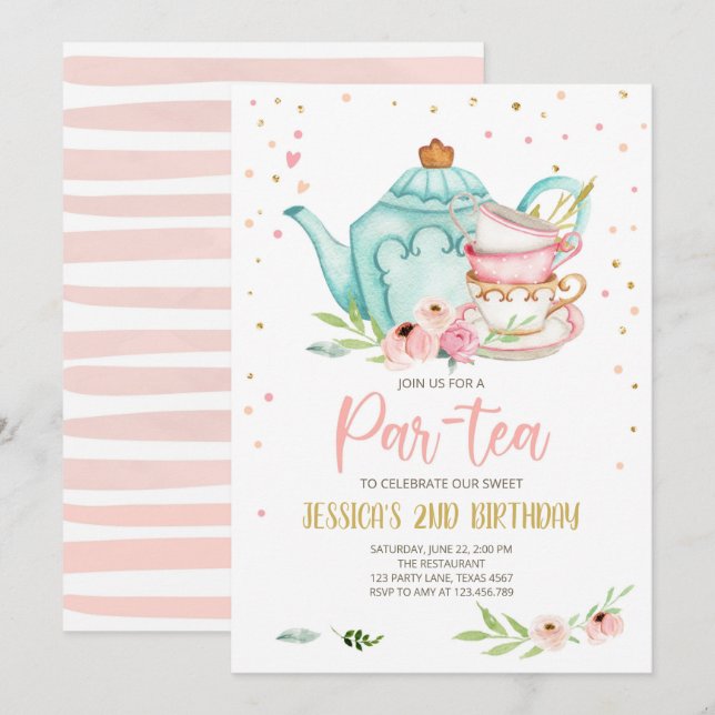 Tea Birthday Invitation Girl Party Par-tea Floral (Front/Back)