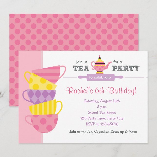 Tea Birthday Invitations (Tea Party Cups) (Front/Back)