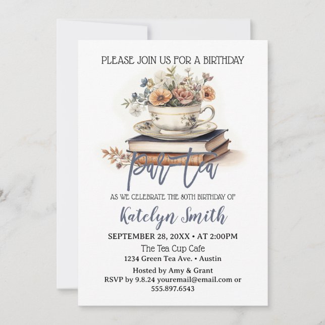 Tea Birthday Par-Tea Dusty Blue Tea Cup Books Invitation (Front)