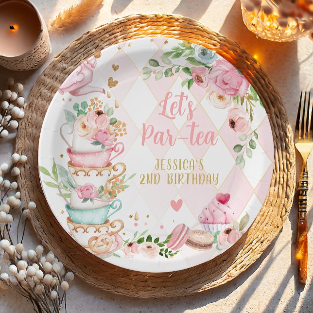 Tea Birthday Party Pink Flower Girl Par-tea Floral Paper Plate (Creator Uploaded)