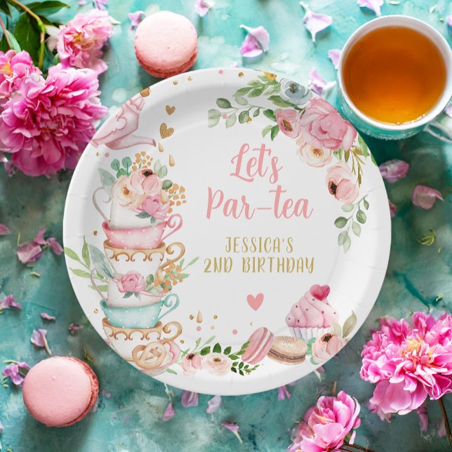 Tea Birthday Party Pink Flower Girl Par-tea Floral Paper Plate (Creator Uploaded)