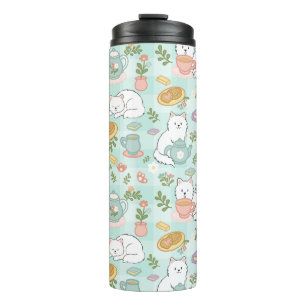 Tea Book Cat Girl Pastel Mint Green Thermal Tumbler