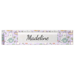Tea & Bookish Cats Personalized Desk Nameplate