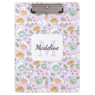 Tea & Bookish Cats Personalized Monogram Clipboard