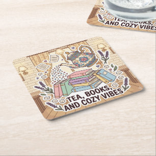 Tea, Books, and Cosy Vibes Square Paper Coaster