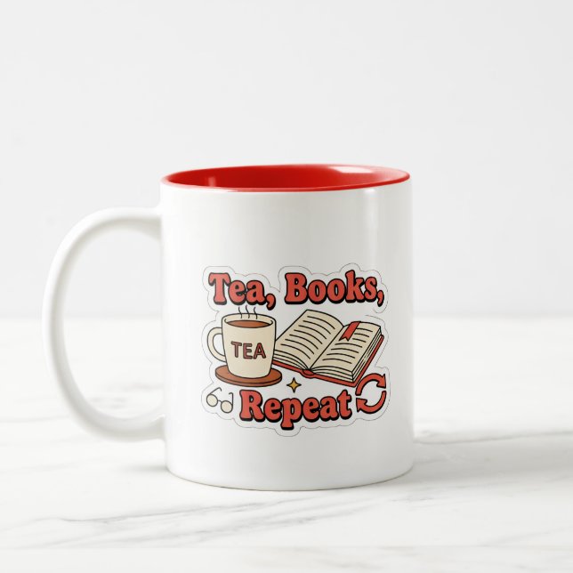 Tea, books, repeat - cosy book lover reading Two-Tone coffee mug (Left)