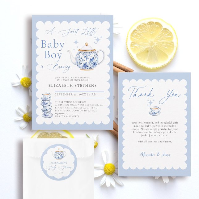 Tea Brewing Blue Script Elegant Boy Baby Shower Classic Round Sticker (boy baby shower stationery decor tea brewing theme blue watercolor elegant modern stylish classy)