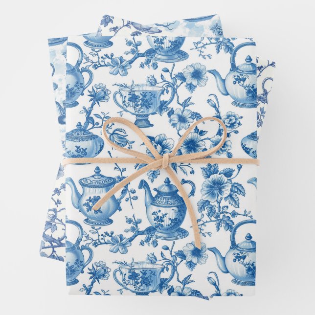 Tea Chinoiserie French Toile Du Jouy Pattern Wrapping Paper Sheet (In situ)